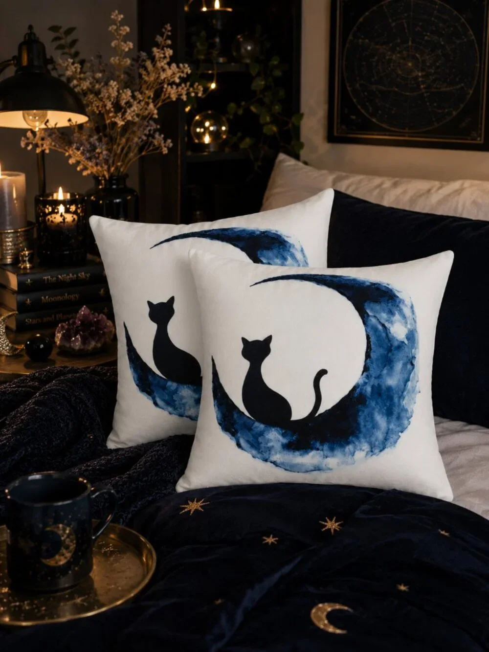 Set 2 Black Cat Blue Moon Pillow Covers 18x18 Halloween Fall Spooky Chic
